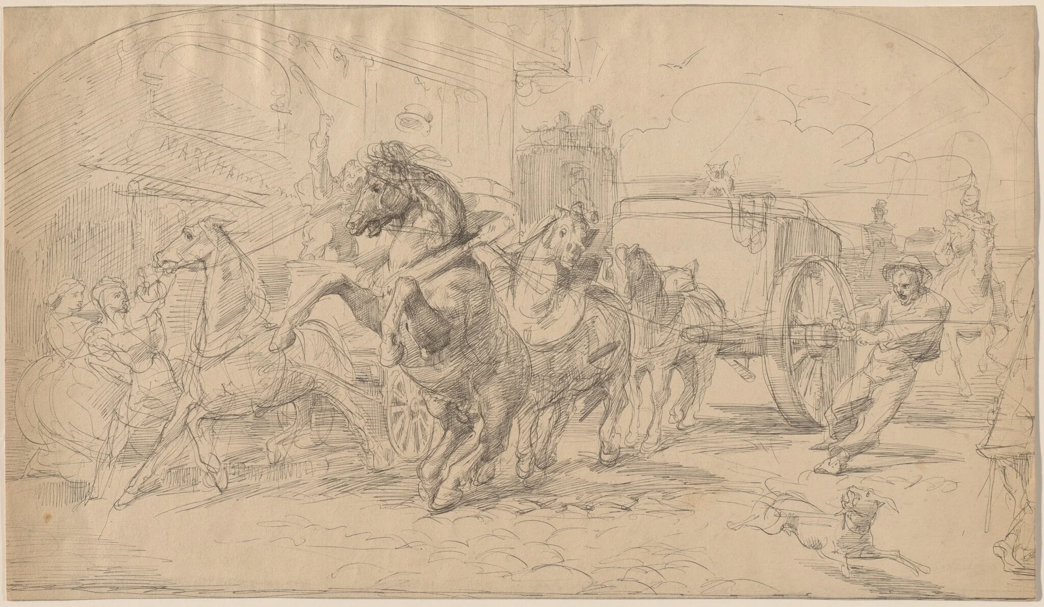 The Runaway Carriage, by Eugène Delacroix, ink, 1834