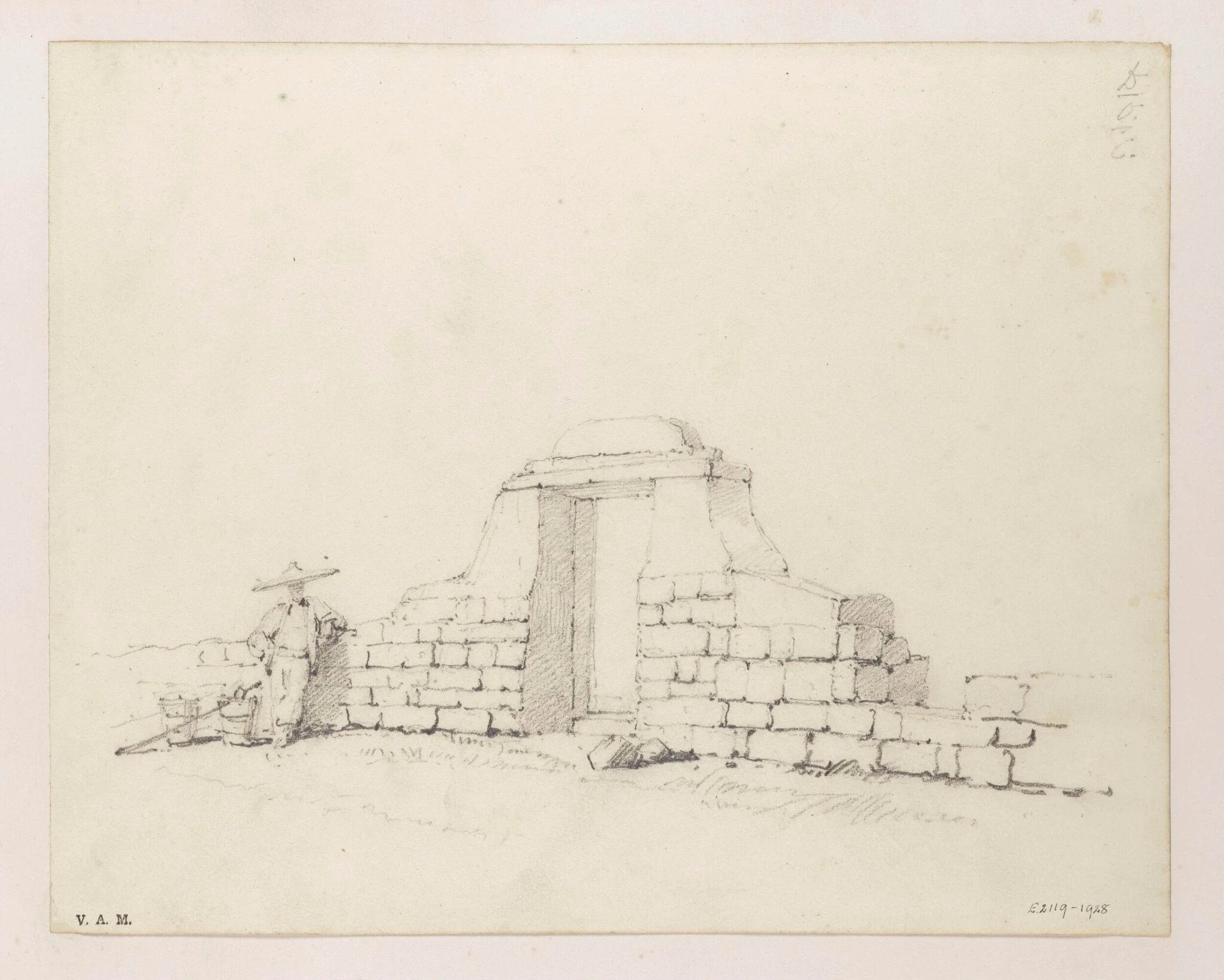 A Chinese figure by a doorway in a stone wall, by George Chinnery, 19