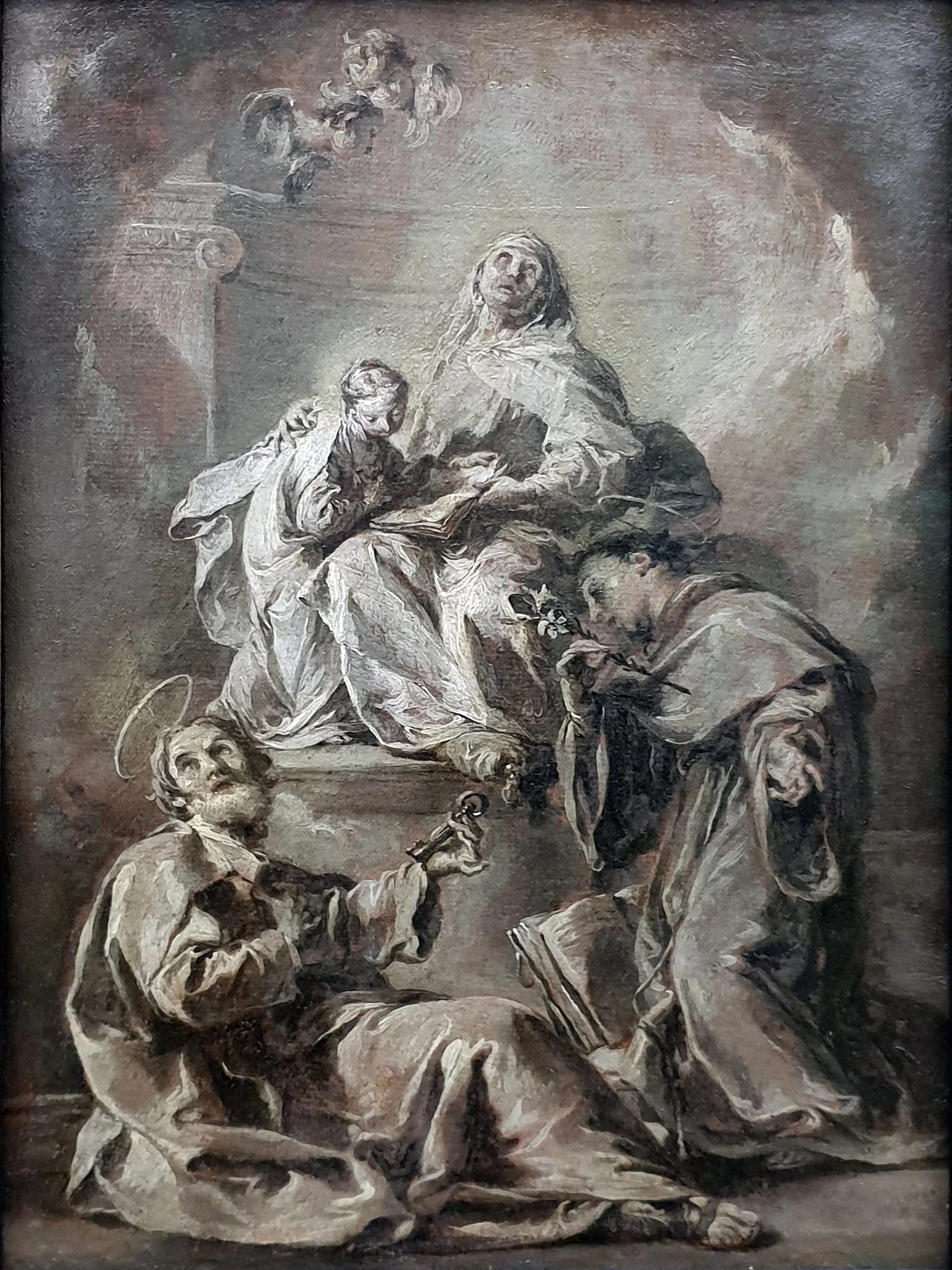St. Anna, accompanied by St. Peter and St. Anthony of Padua, instructs the young Mary in reading the Holy Bible, by Giambattista Pittoni, unspecified, 1748