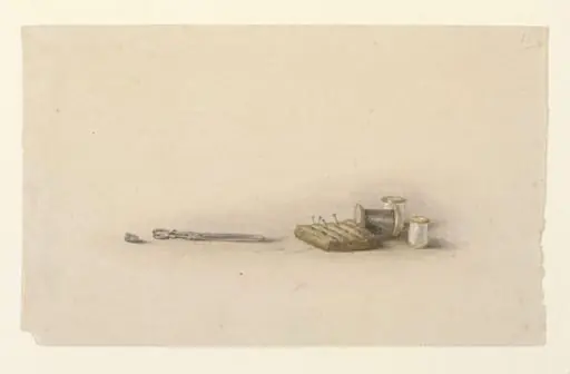 Thimble, scissors, pin-cushion and cotton reels
