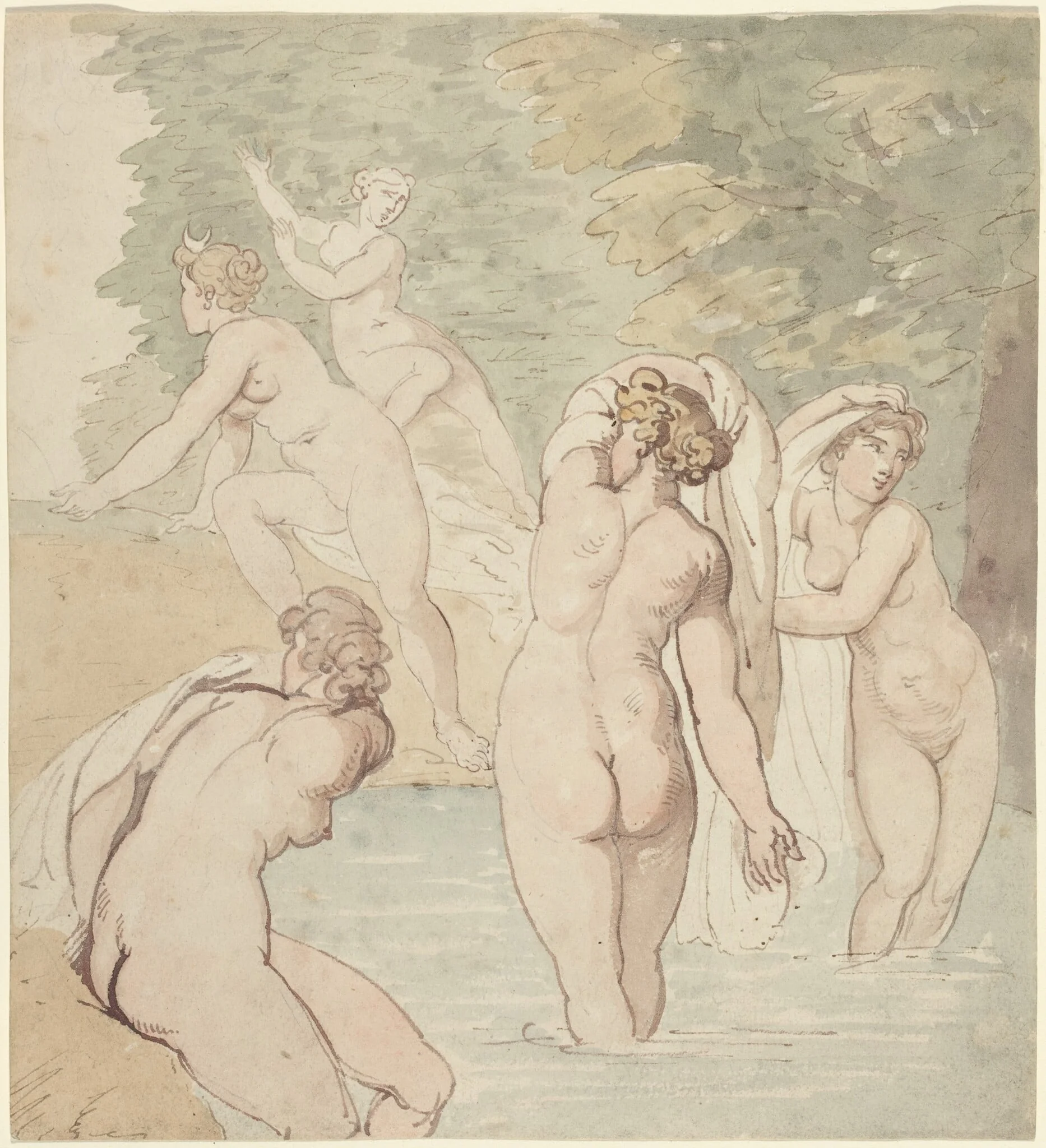 Diana and Her Nymphs Bathing, by Thomas Rowlandson, ink, 1792