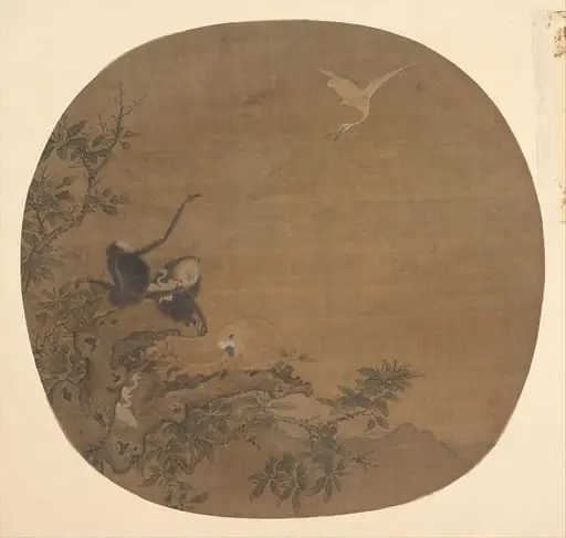 南宋？ 佚名   舊傳易元吉    三猿得鷺圖   團 扇頁|Gibbons Raiding an Egret's Nest