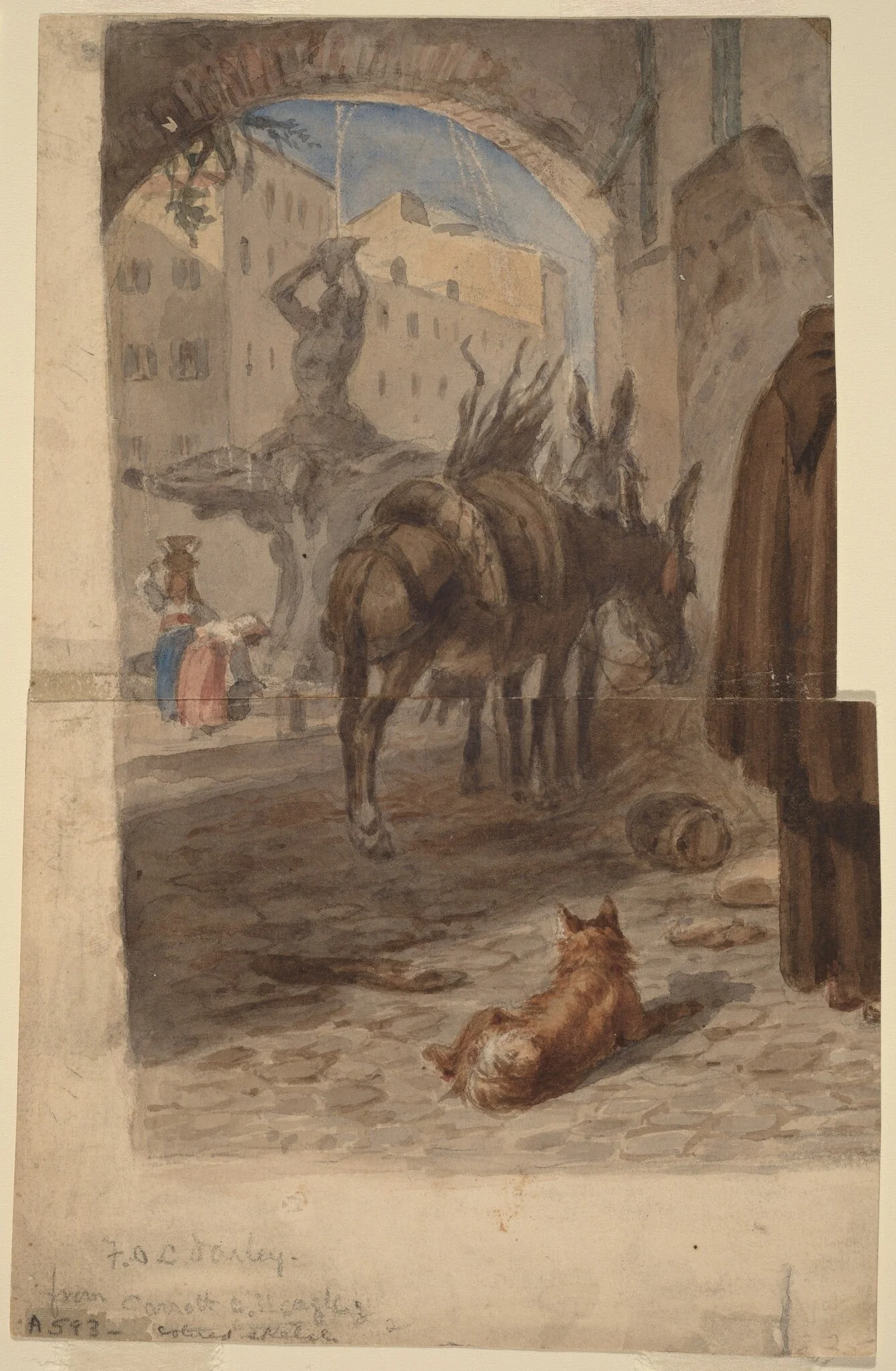Bernini Fountain, Rome [recto], by Felix Octavius Carr Darley, gouache, 1867