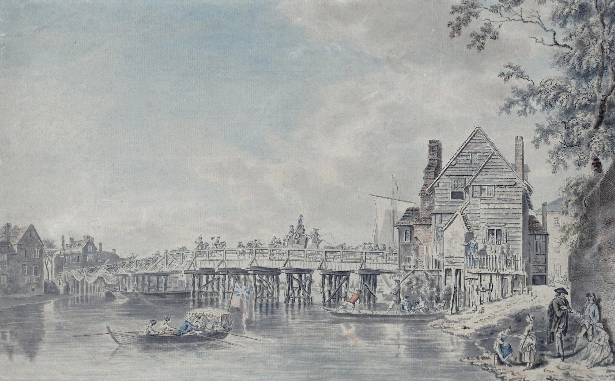 Old bridge at Windsor, coach and horsemen crossing, and a barge passing under, by Paul Sandby, watercolor, 1750
