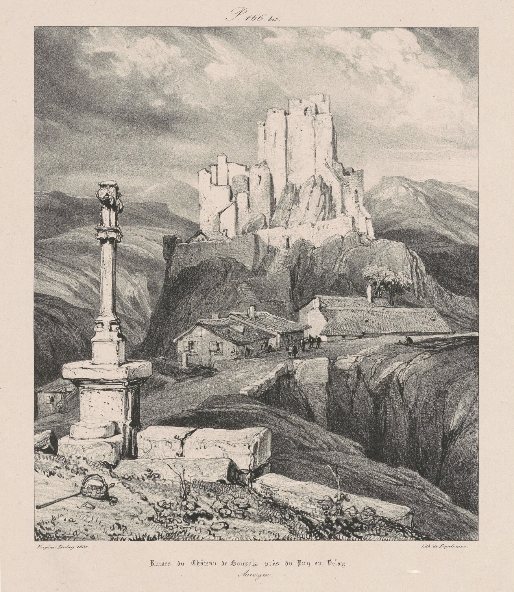 Ruines du Chateau de Bouzols Pres du Puy en Delay, by Eugène Isabey, ink, 1831