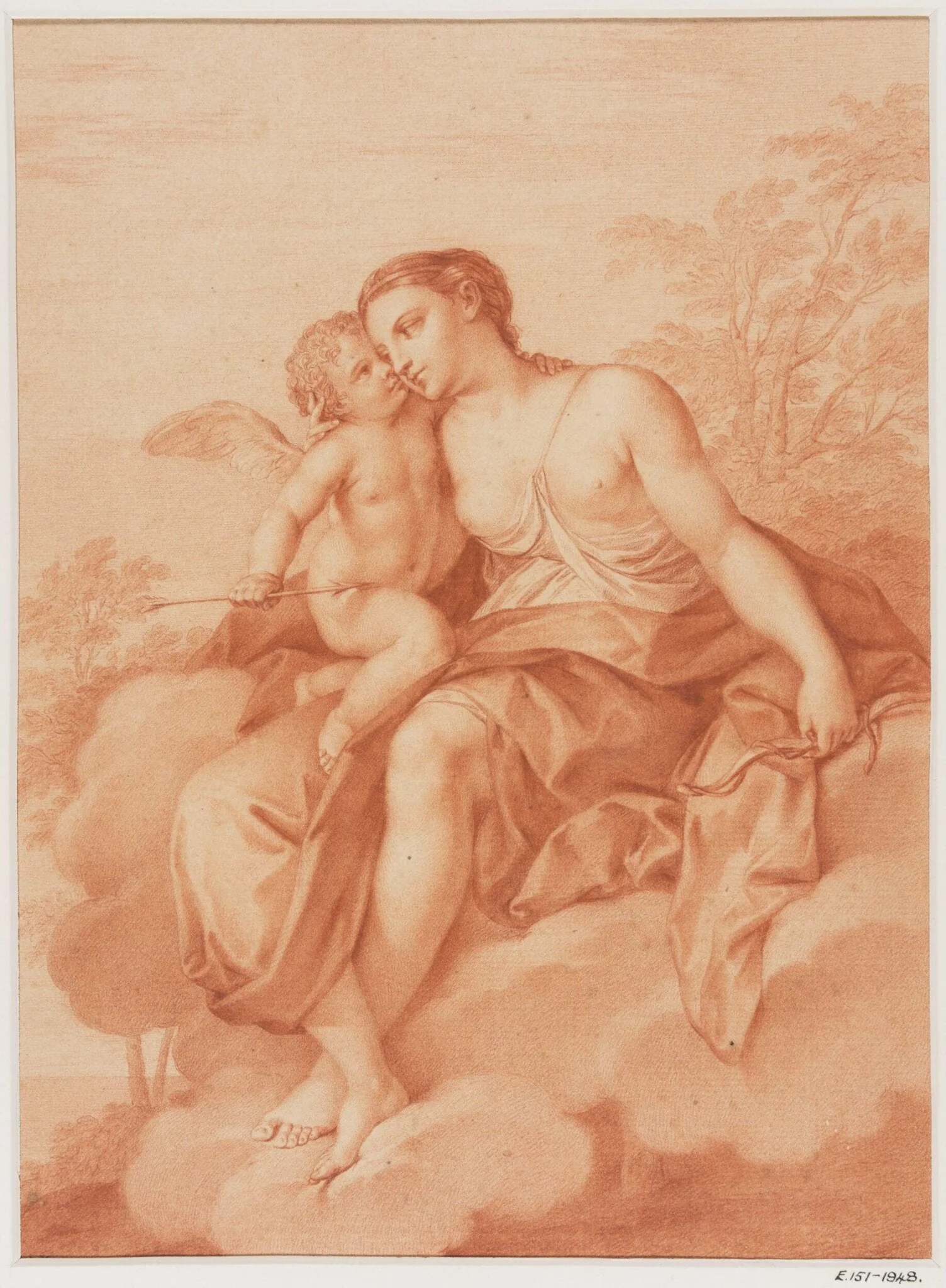 Venus reclining on a cloud, embracing Cupid and holding his bow in her left hand.