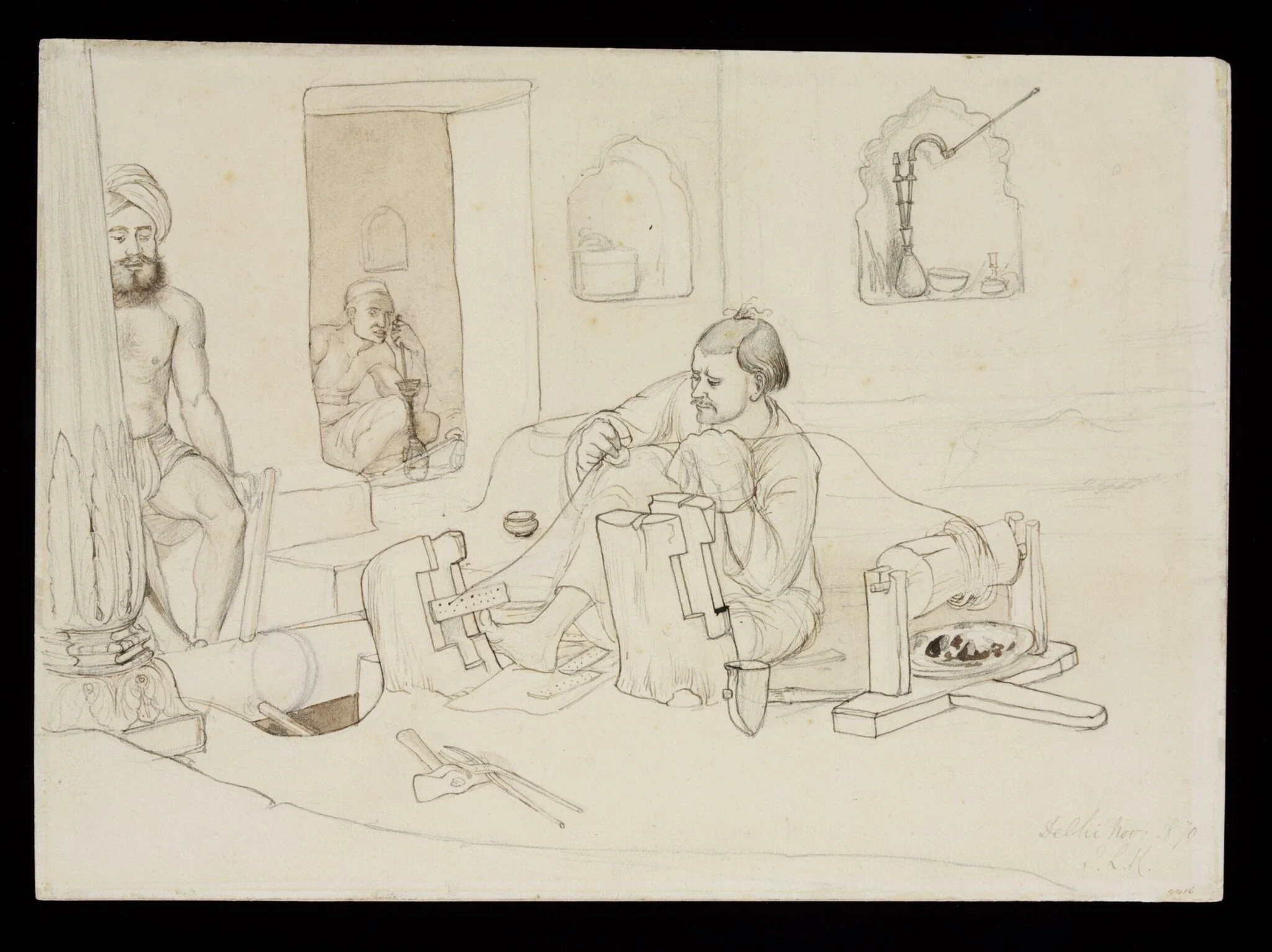 Three men in a workshop producing silver gilt wire, by John Lockwood Kipling, 1870