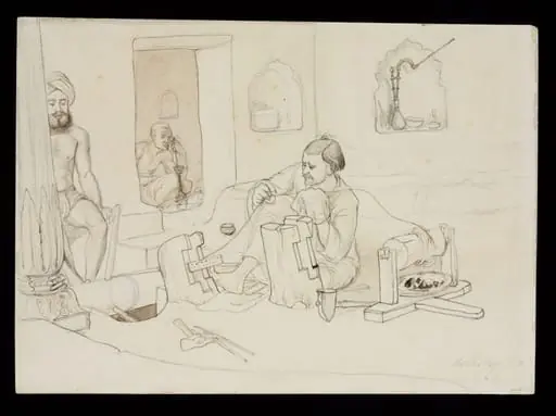 Three men in a workshop producing silver gilt wire