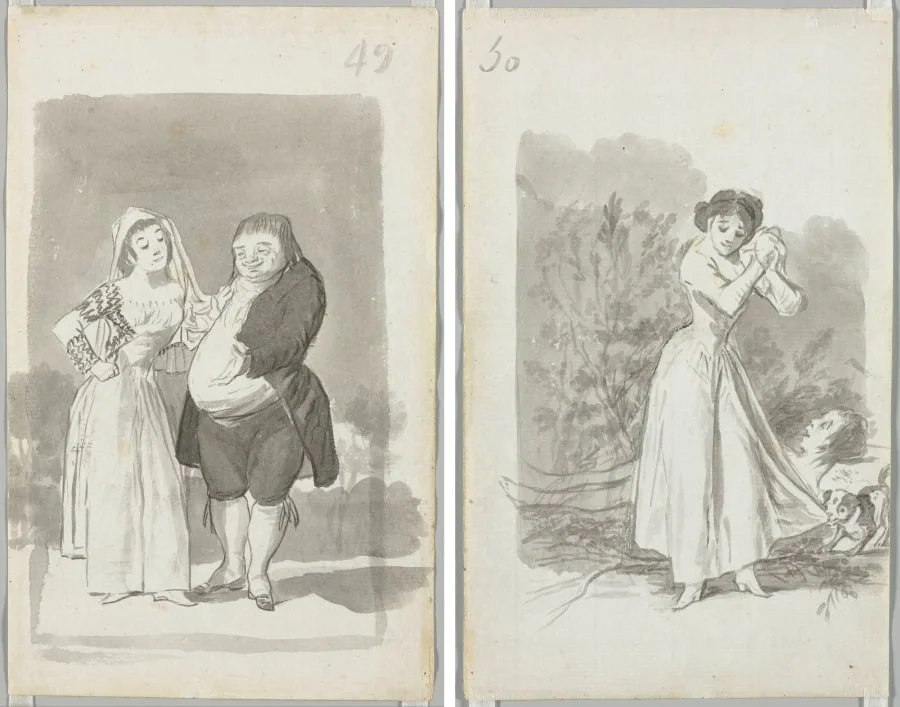 Young Woman (possibly a Sex Worker) with a Man (recto); Young Woman Wringing Her Hands over a Man's Naked Body (verso), by Francisco Goya, 1796