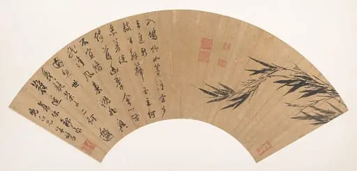 明　朱鷺　墨竹詩畫　摺扇|Bamboo and poem