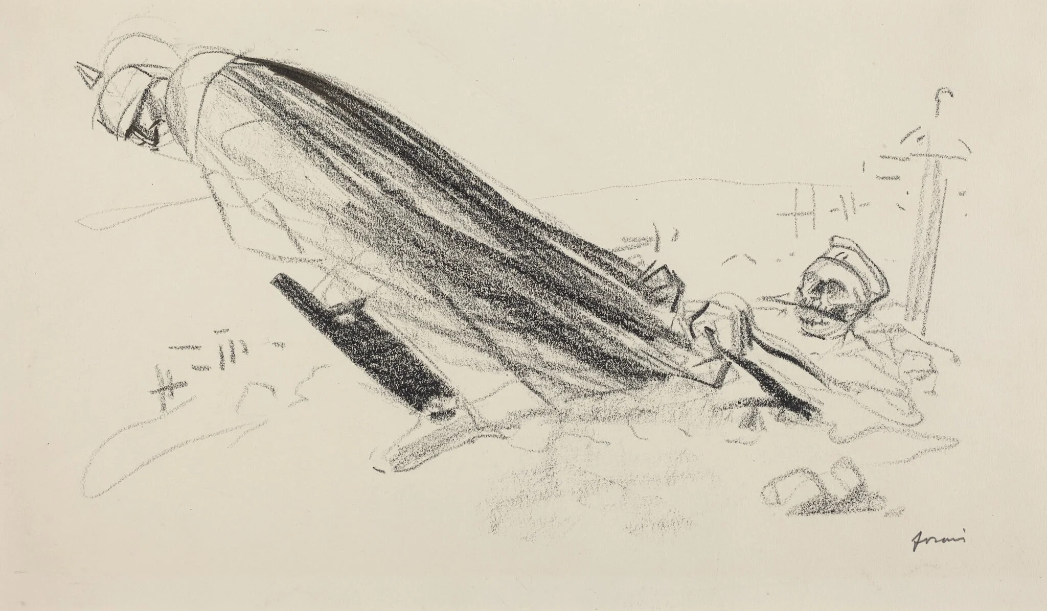 Ceux de la priemiere heure.  "Sire! ou en somme-nous de "la guerre fraiche et joyeuse"?...", by Jean-Louis Forain, crayon, 1916