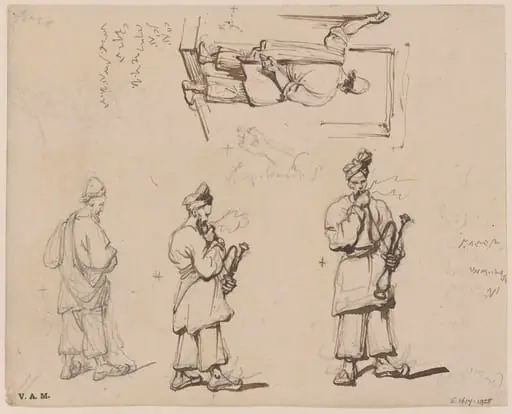 Standing figures, two of them smoking a hookah