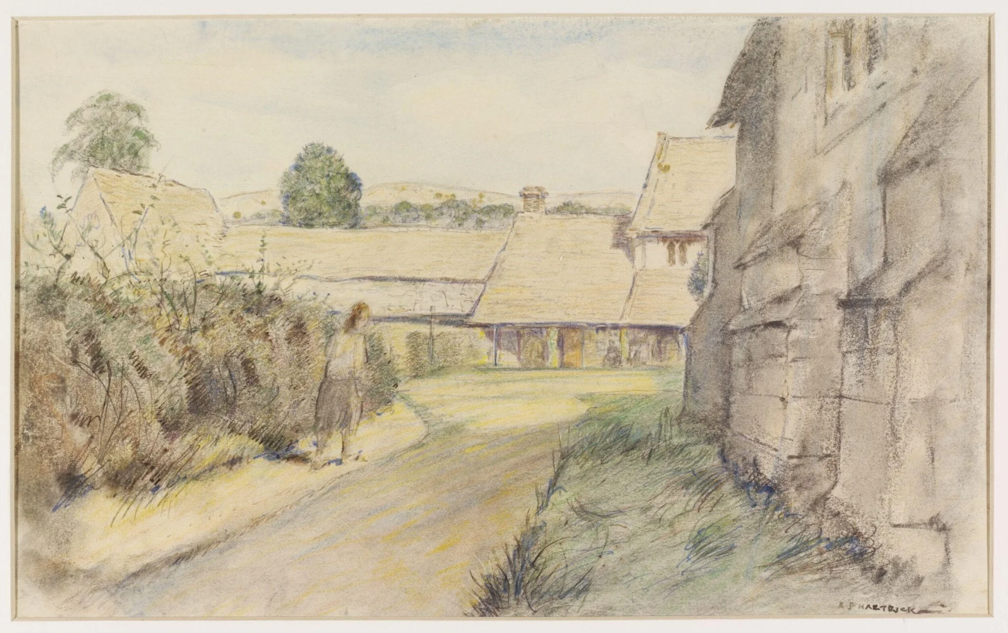 The Priory Farm and 13th century Chapel, Southam de la Bere, Nr. Cheltenham, by Archibald Standish Hartrick, watercolor, 1940