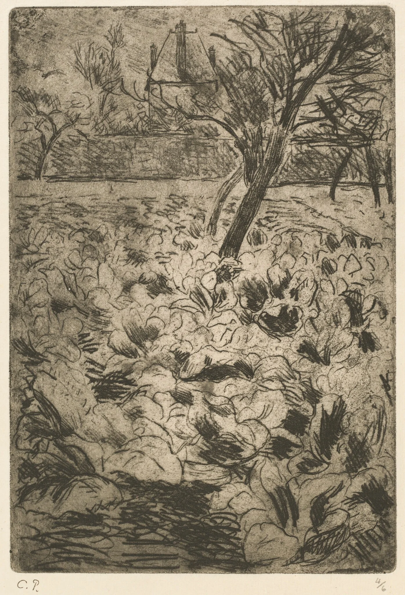 The Cabbage Field (Le Champ de choux), by Camille Pissarro, ink, 1880