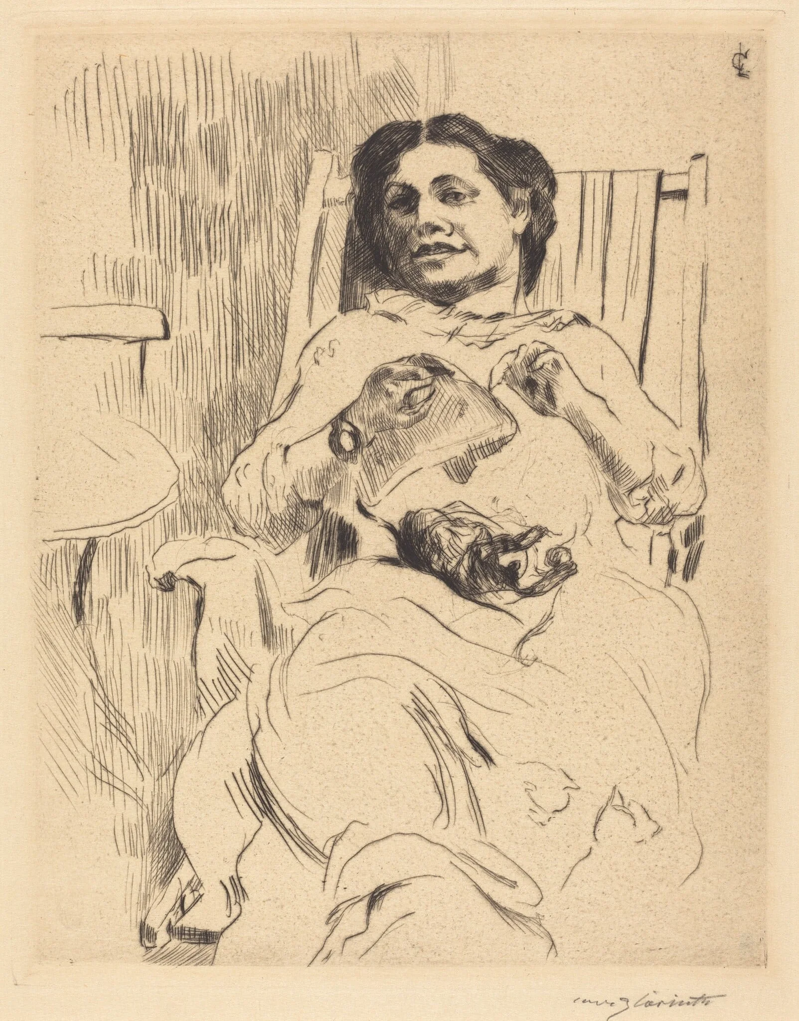 Frau mit Handarbeit (Woman with Needlework), by Lovis Corinth, ink, 1912