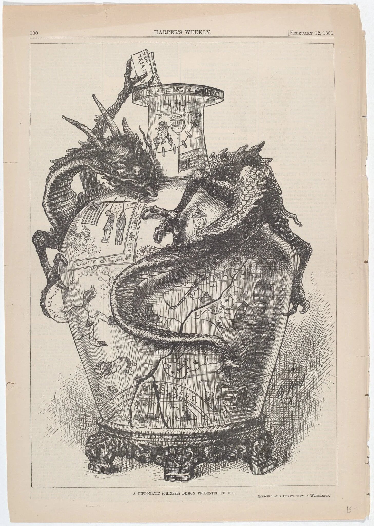 A Diplomatic (Chinese) Design Presented to U.S., by Thomas Nast, ink, 1881