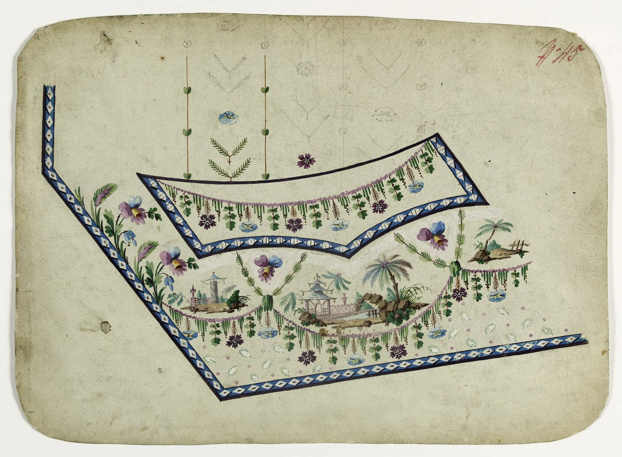 Gilet décor paysage chinois, projets de broderies de gilet, XVIIIème siècle, by Anonyme, 1780