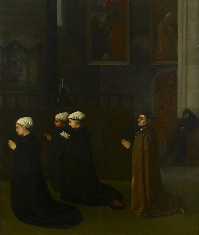 Interior of a Church with kneeling Figures, by Alphonse Legros, oil, 1867