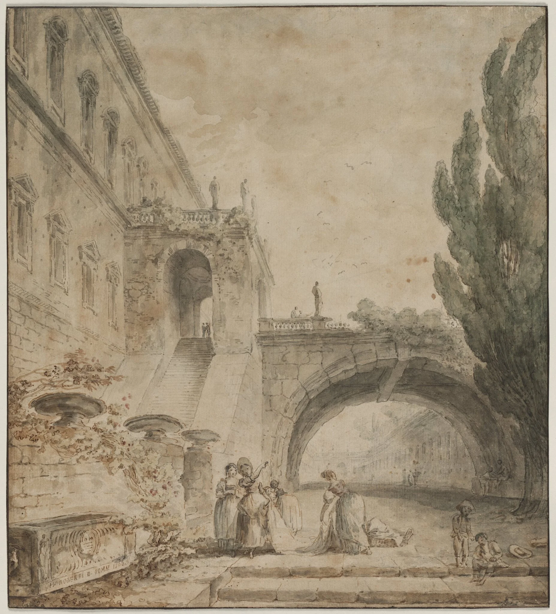 A Palace with an Arched Bridge (A Roman Villa), by Hubert Robert, 1760