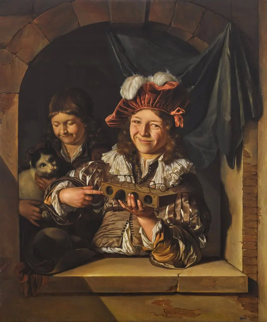 Two boys with a mouse trap and a cat at a window