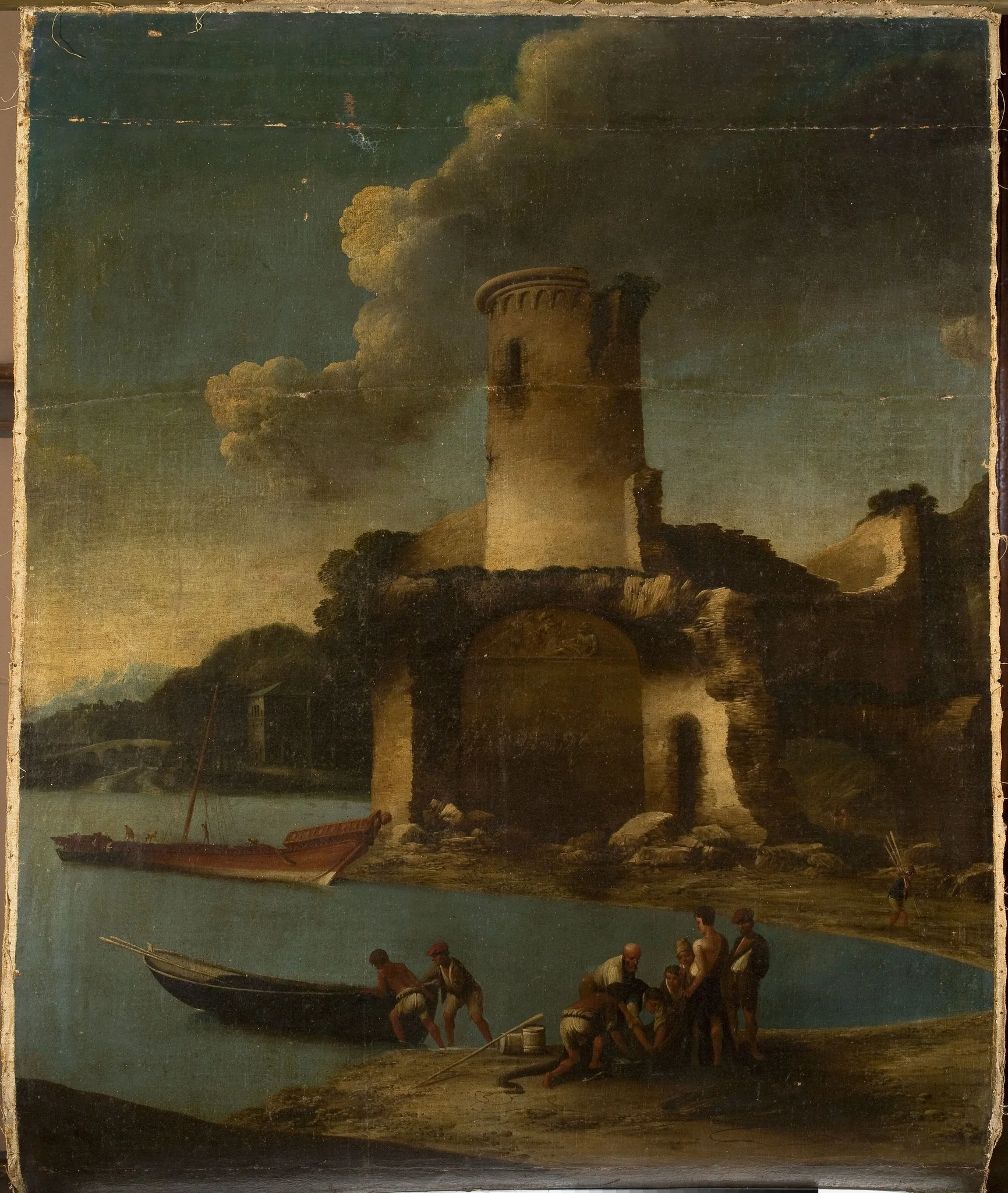 Landscape with fishermen and a tower, by Antonio Travi, oil, 1647