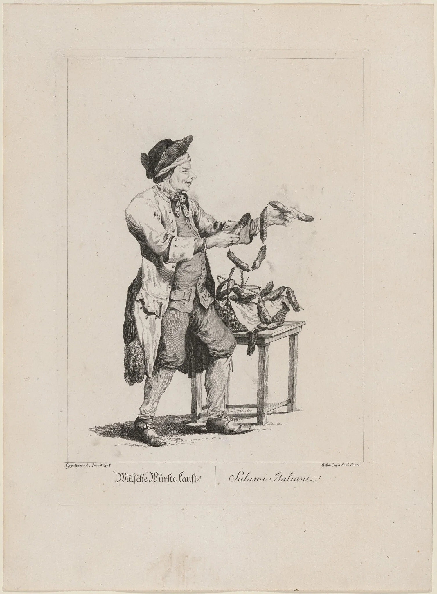 Wälsche Würste kauft! (Sausage Seller), by Carl Conti, ink, 1775
