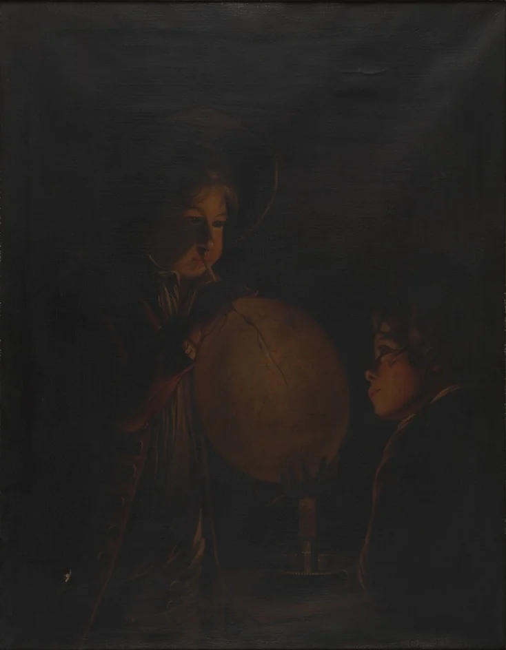 Two Boys with a Bladder: Candlelight Effect, by Unknown, oil