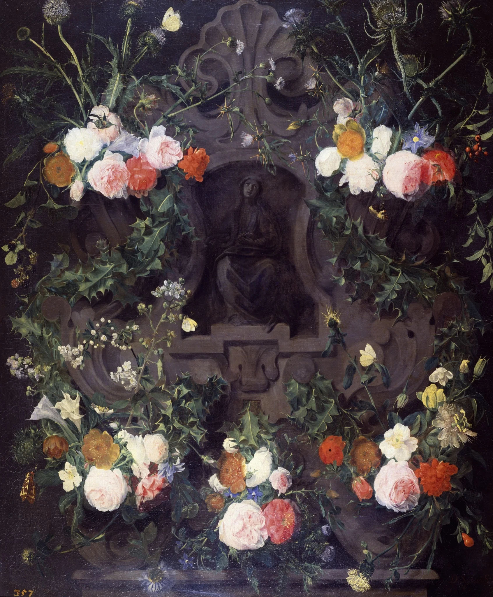 A Garland of Flowers on a Carved Stone Medallion, by Daniel Seghers, oil, 1635