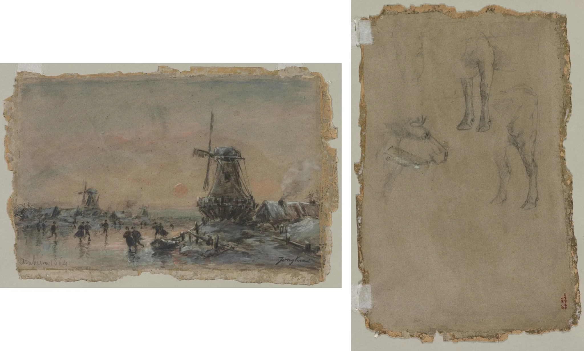View of Arnheim (recto); Studies of a Bull (verso), by Johan Jongkind, 1864