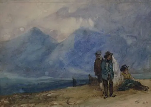 Group of figures with mountains in the background
