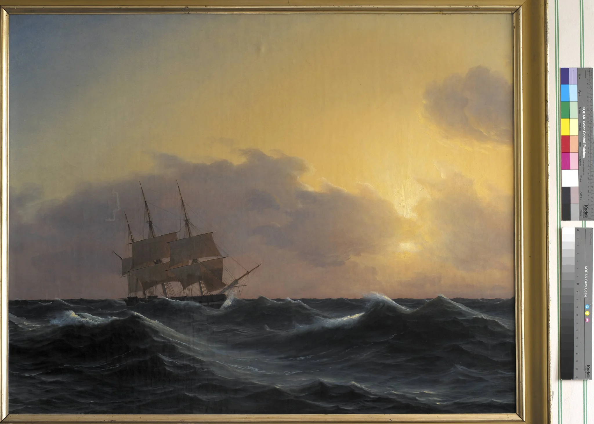 Fregat i en storm med rebede undersejl, by Unknown, 1850