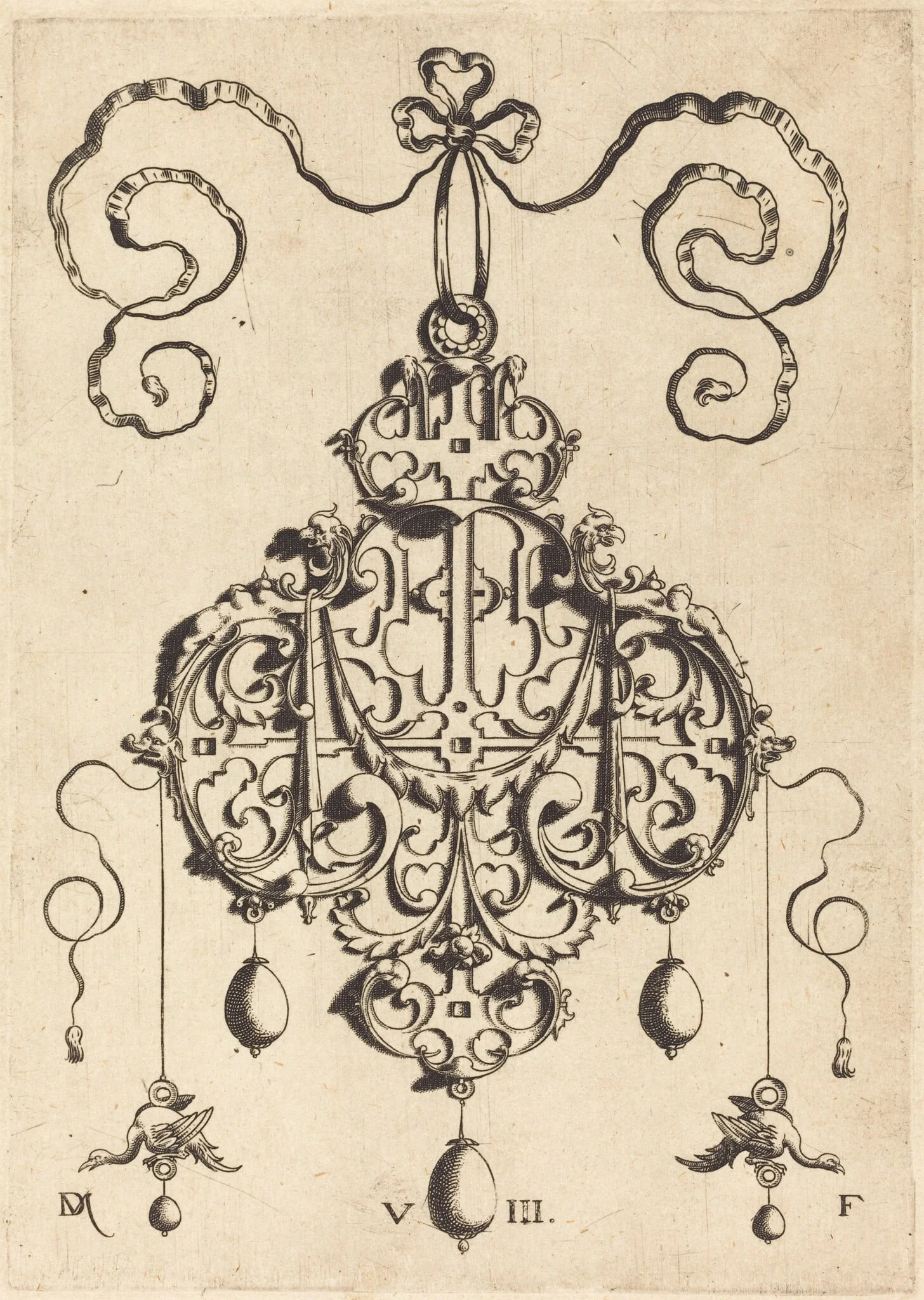Strapwork Pendant with Two Eagles as Earringsat Left and Right, by Daniel Mignot, ink, 1584