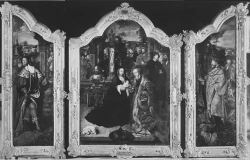 Adoration triptych: King Balthasar (interior left), Adoration of Christ with King Melchior (middle), King Caspar (interior right); Christ the Redeemer (exterior left), Virgin with child (exterior right)