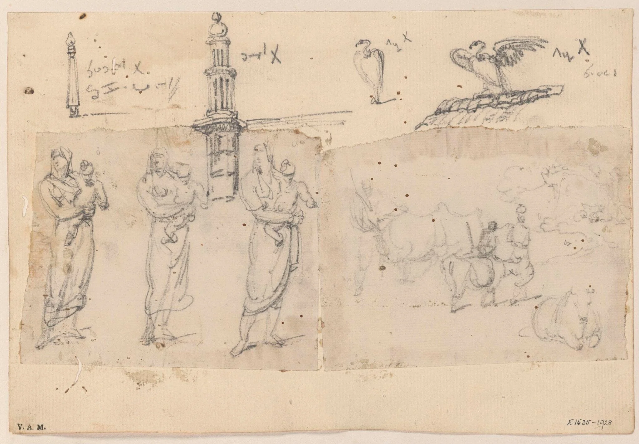 Indian figures, cattle, vultures and minarets