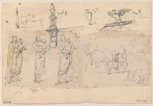 Indian figures, cattle, vultures and minarets