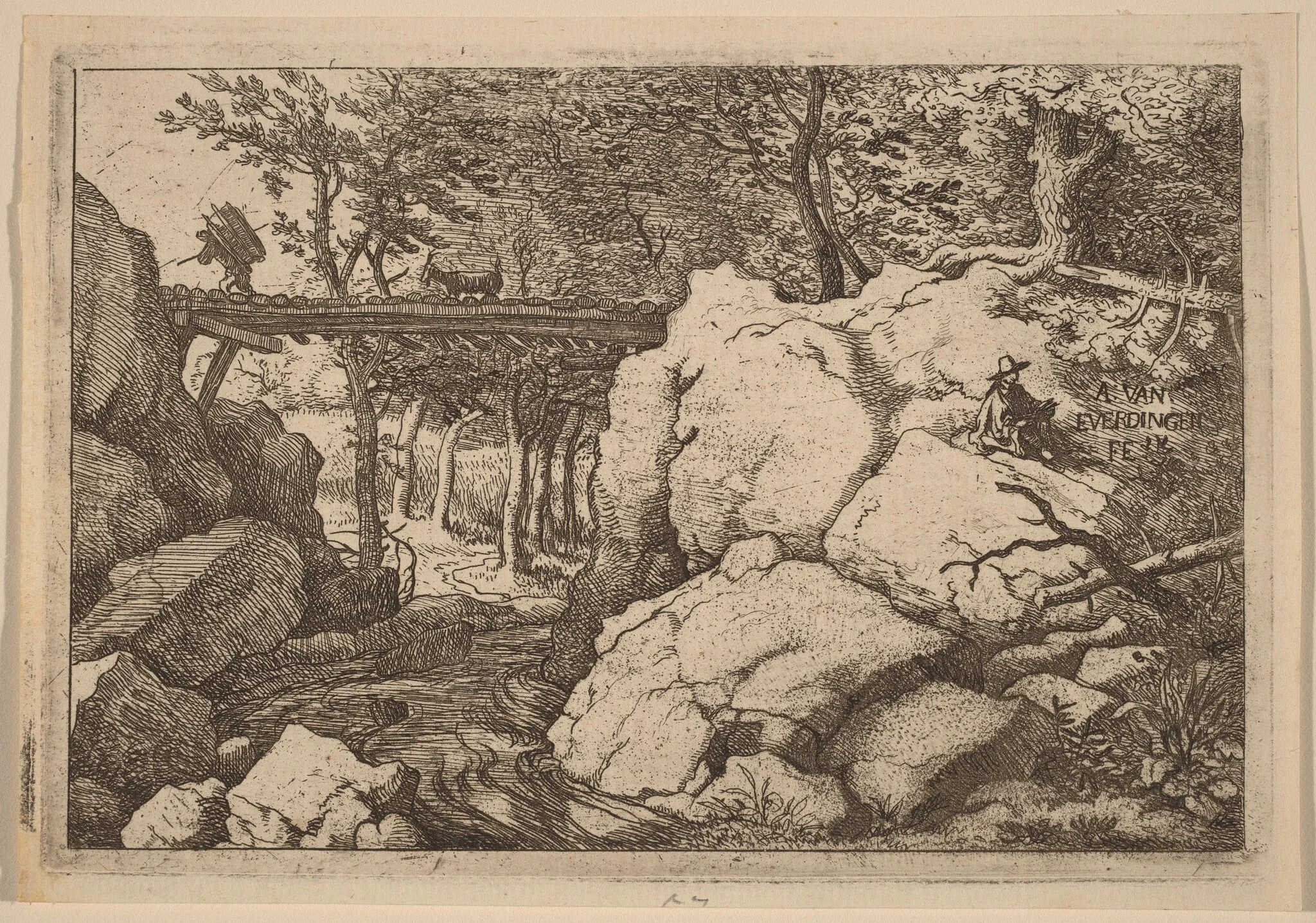 Goat on a small Bridge, by Allart van Everdingen, ink, 1650