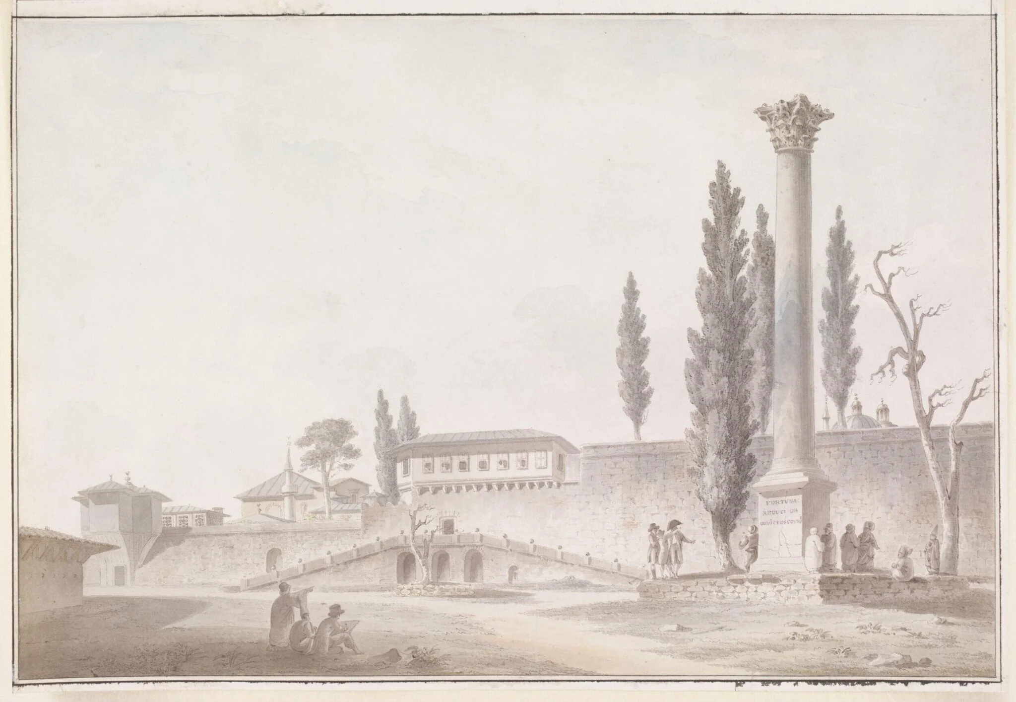 The Gardens of the Seraglio with European visitors inspecting the Column of the Goths, Constantinople