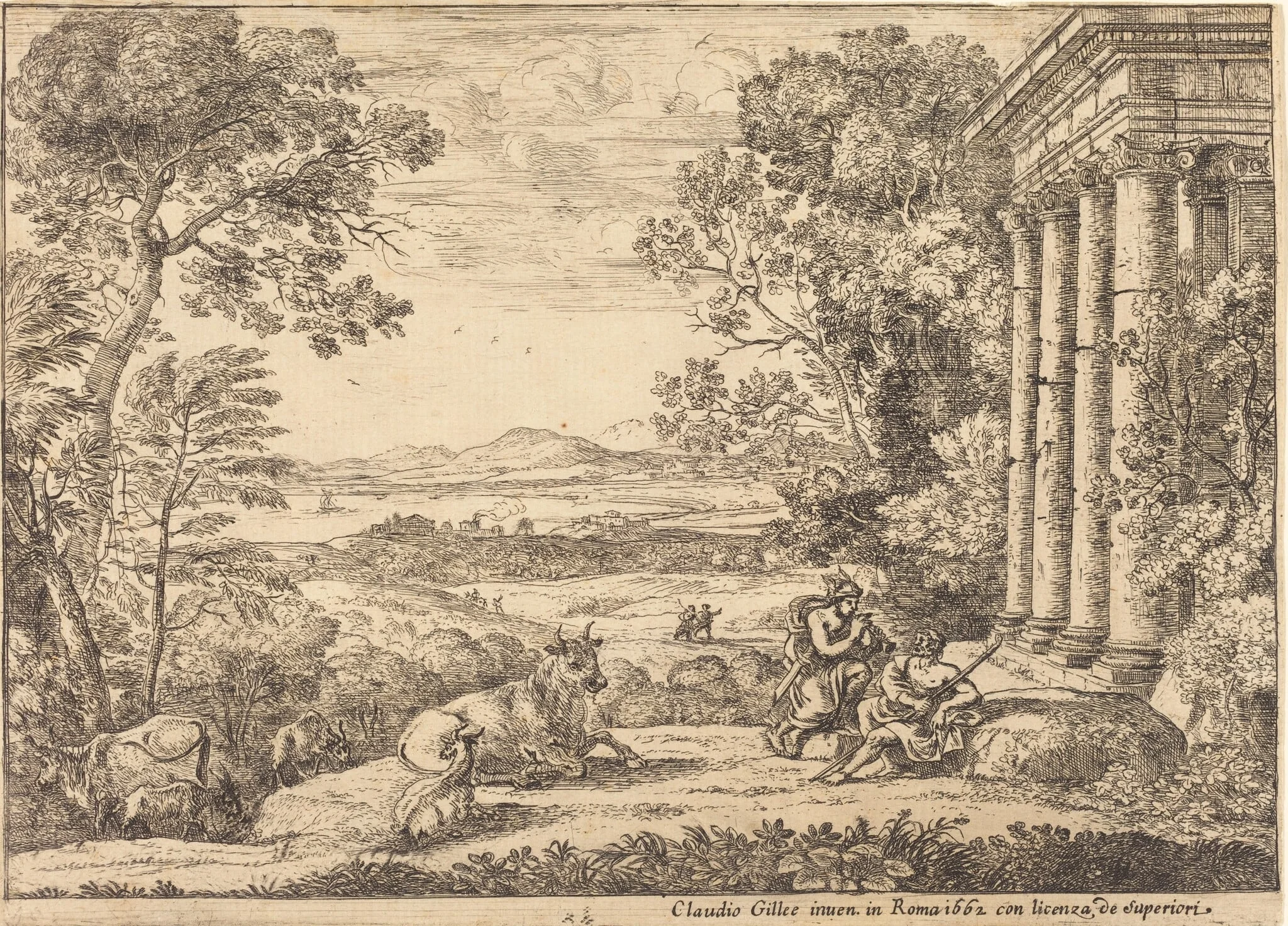 Mercury and Argus (Mercure et Argus), by Claude Lorrain, ink, 1662