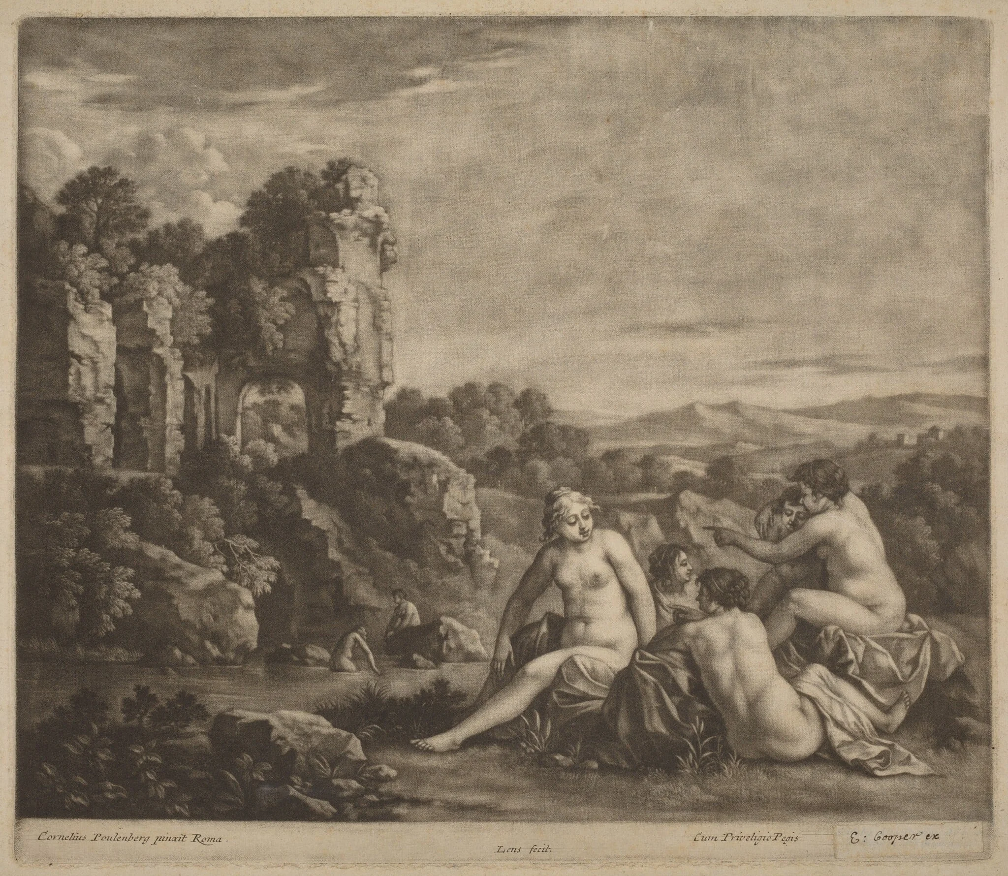Bathers in a Landscape, by Bernard Lens, ink, 1692