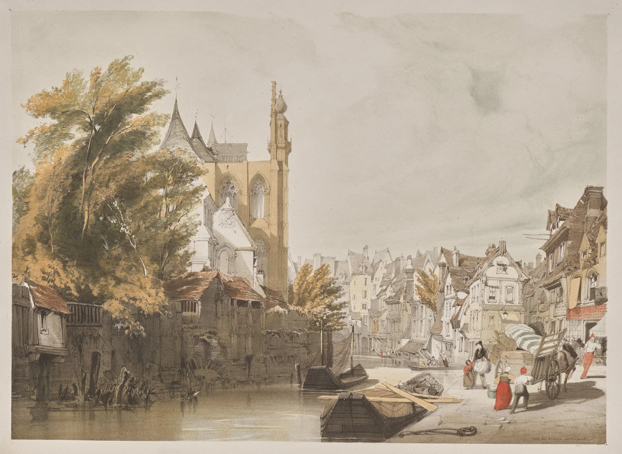Picturesque Architecture in Paris, Ghent, Antwerp, Rouen:  Rue du Rivage, Abbeville, France, by Thomas Shotter Boys, 1839