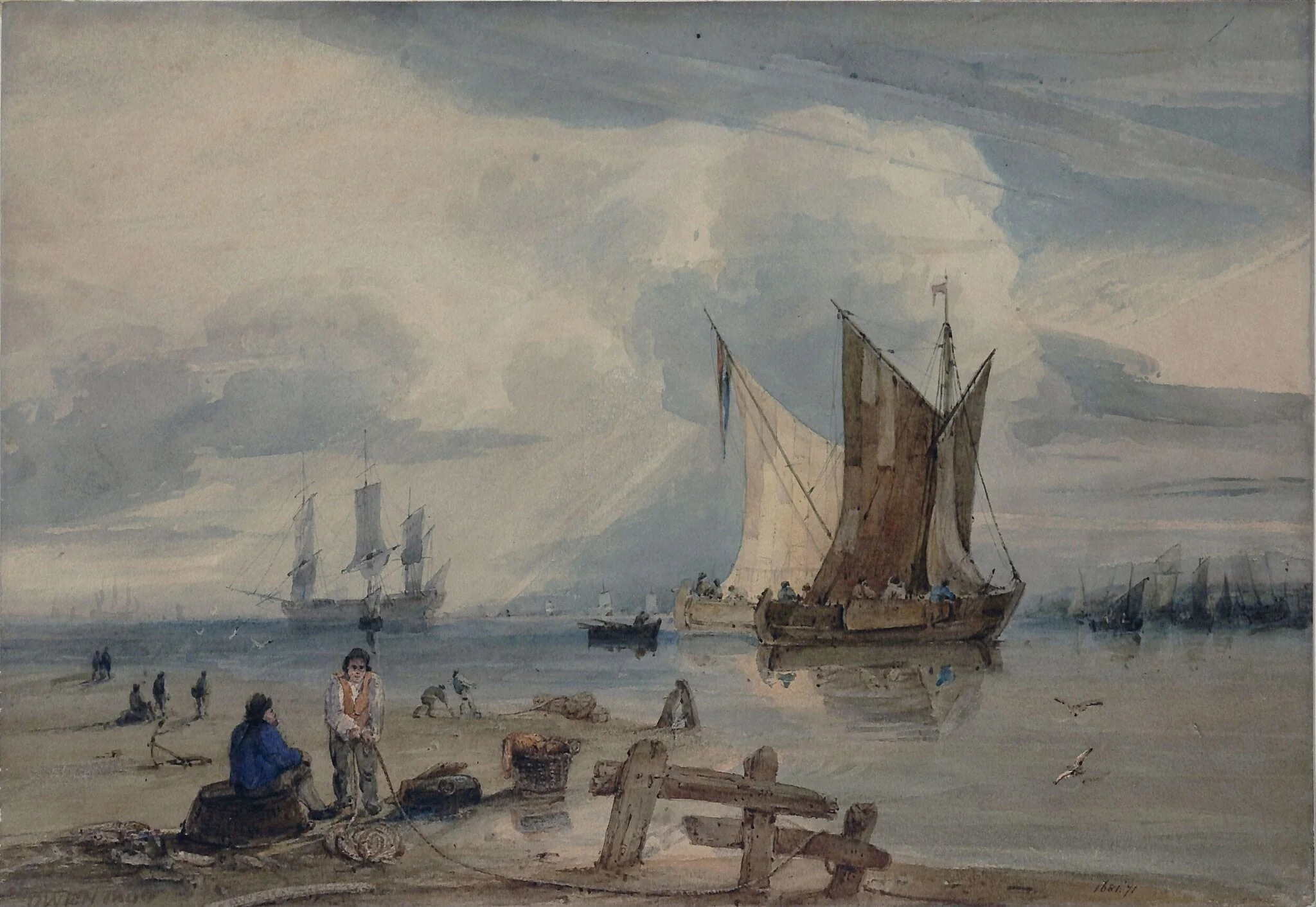 Shipping in a calm, with fishermen on the beach