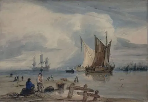 Shipping in a calm, with fishermen on the beach
