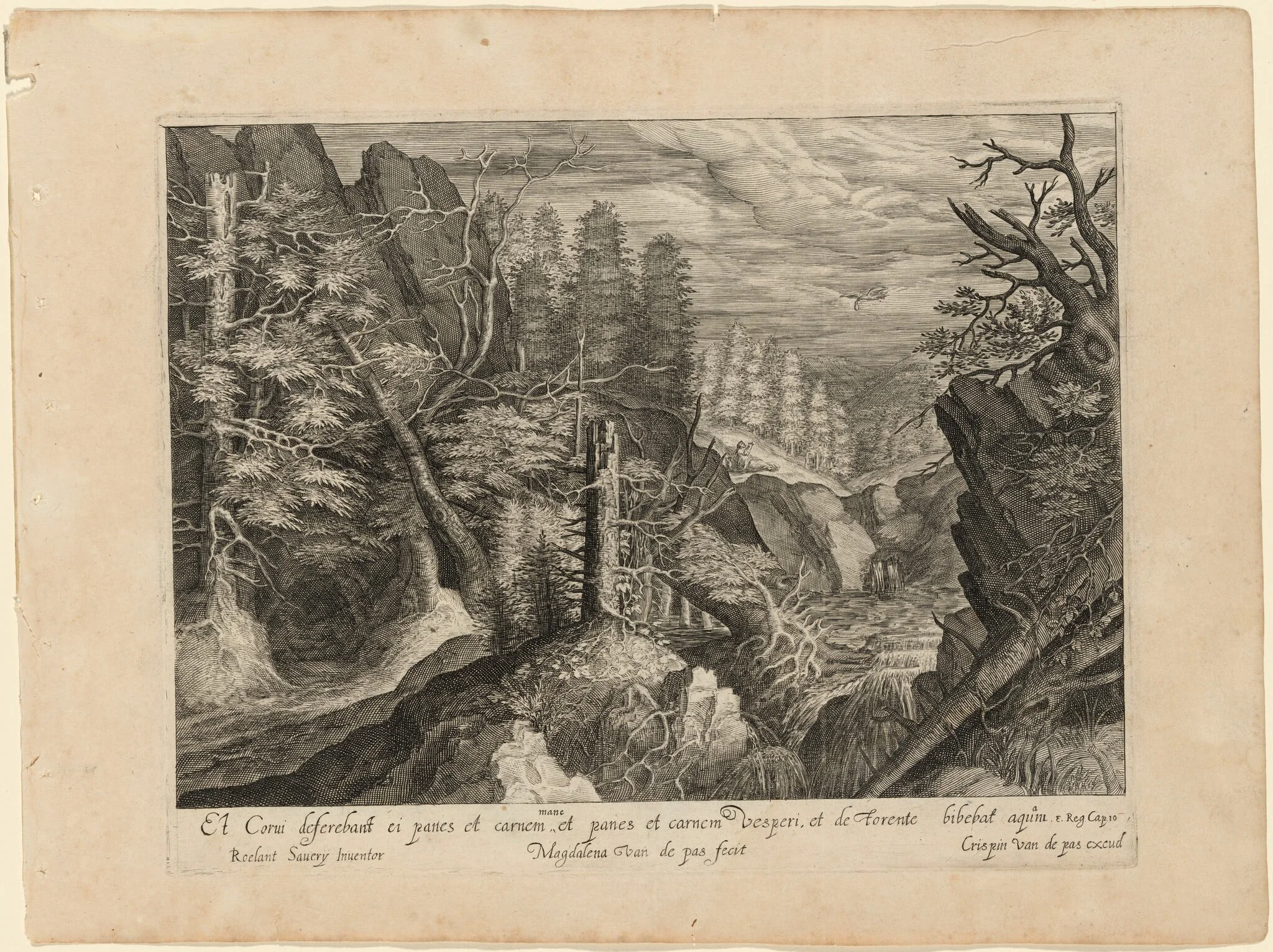 Landscape with Mountains, a River, and Elijah and the Raven, by Magdalena van de Passe, ink, 1624