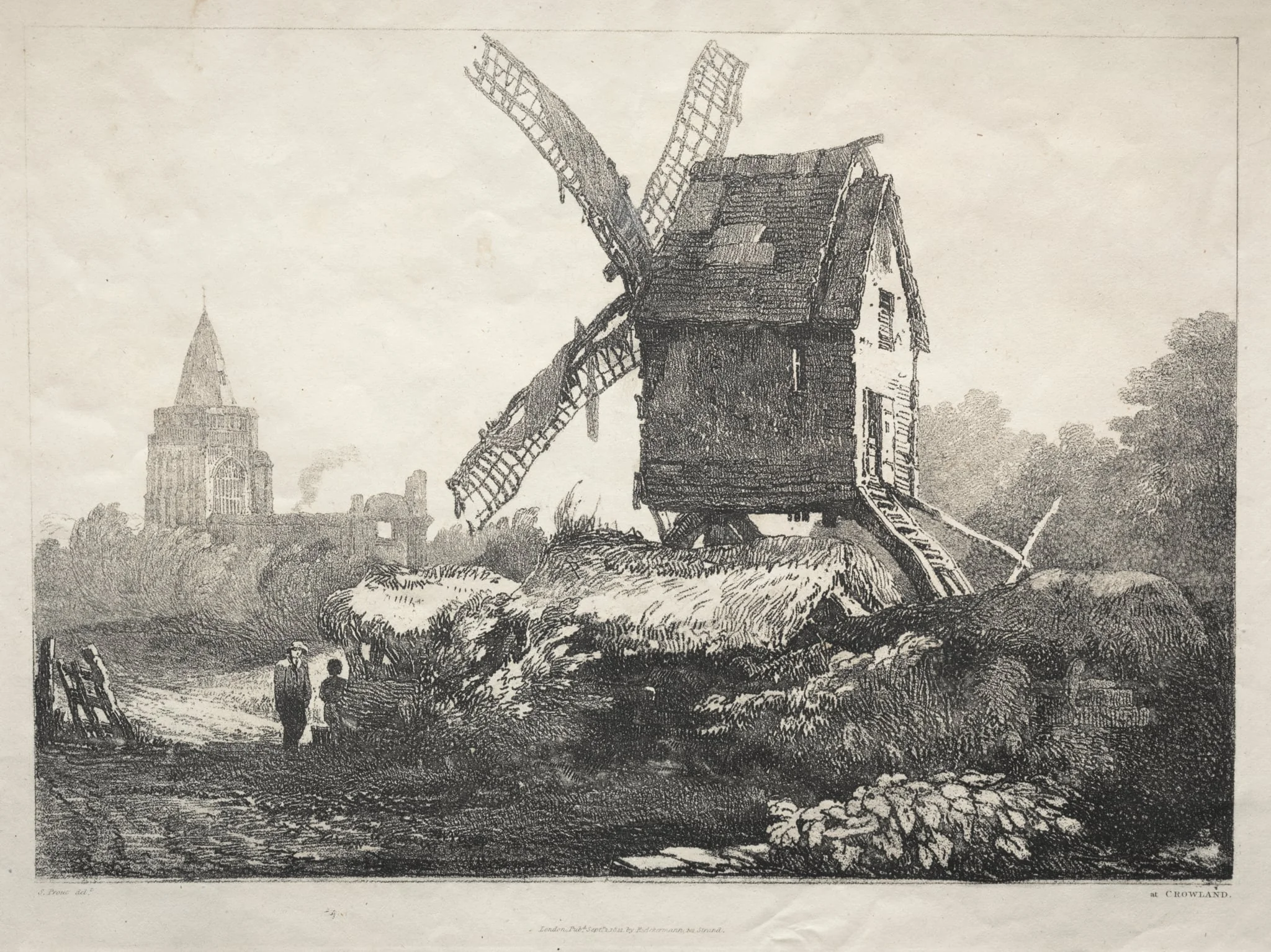 A Series of Ancient Buildings and Rural Cottages in the North of England:  At Crowland, Windmill, by Samuel Prout, 1821