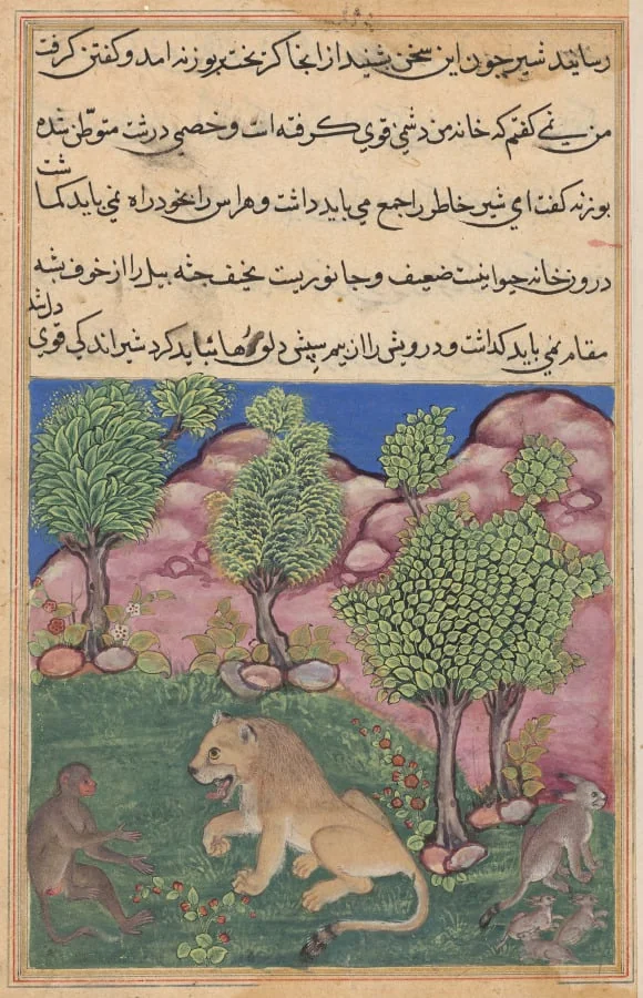 The monkey advises the suspicious lion to cast off fear and take possession of his territory, from a Tuti-nama (Tales of a Parrot): Twenty-ninth Night, by Unknown, unspecified, 1560