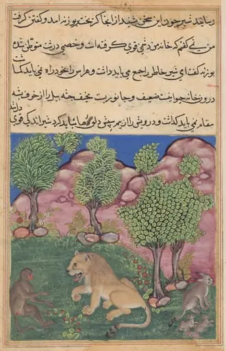 The monkey advises the suspicious lion to cast off fear and take possession of his territory, from a Tuti-nama (Tales of a Parrot): Twenty-ninth Night