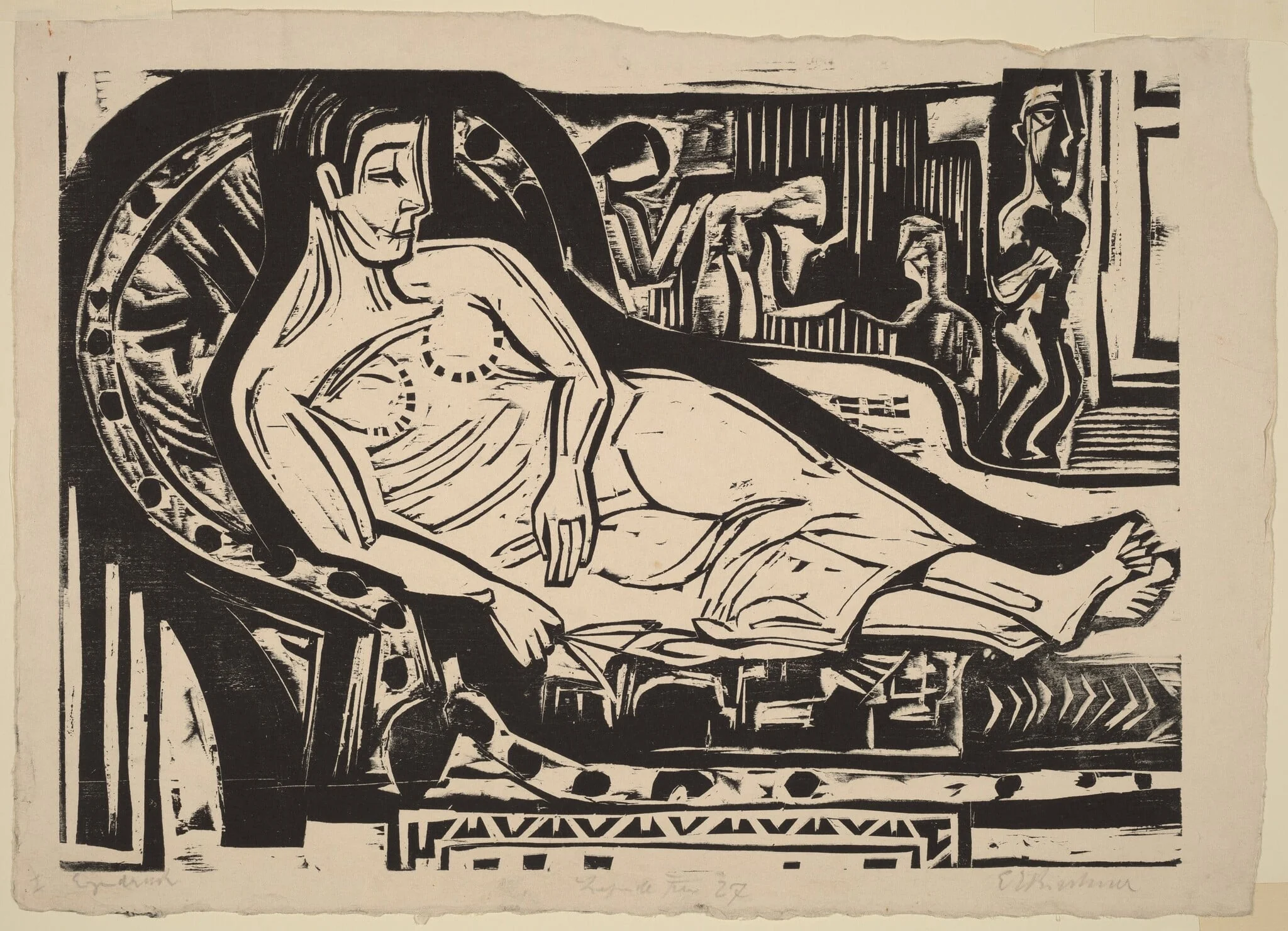 Woman Lying on a Sofa, by Ernst Ludwig Kirchner, ink, 1926
