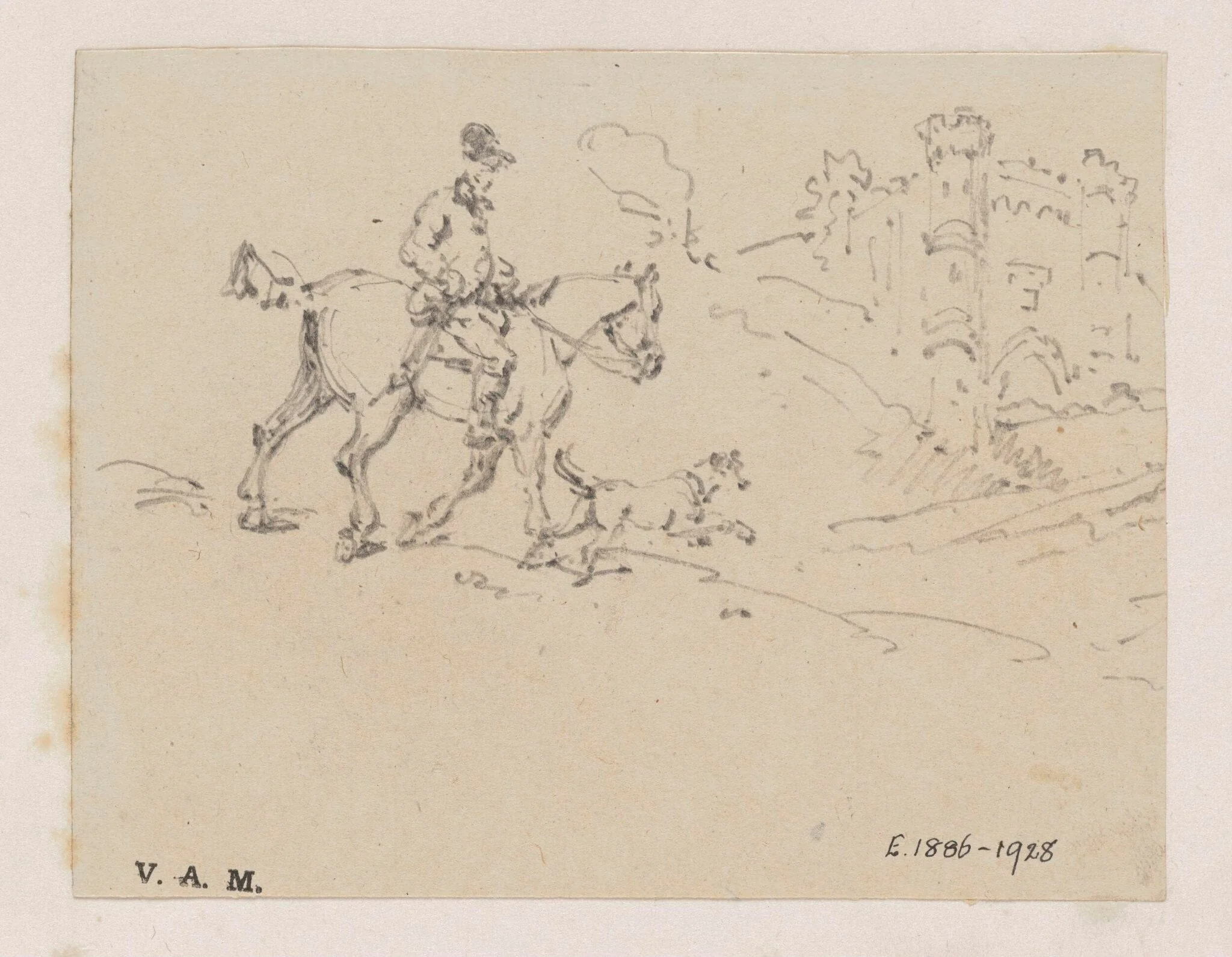A rider and dog approaching a castle, by George Chinnery, 19
