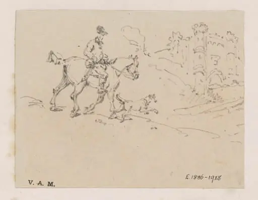 A rider and dog approaching a castle