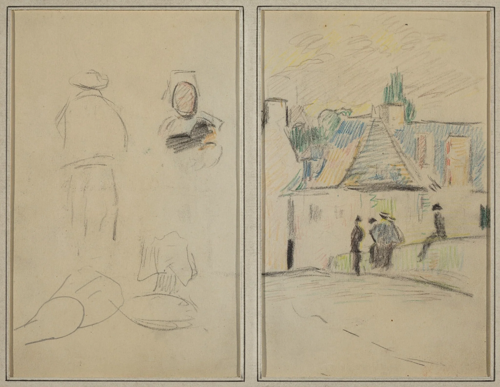 Two Breton Figures; Bridge at Pont-Aven [recto], by Paul Gauguin, crayon, 1886